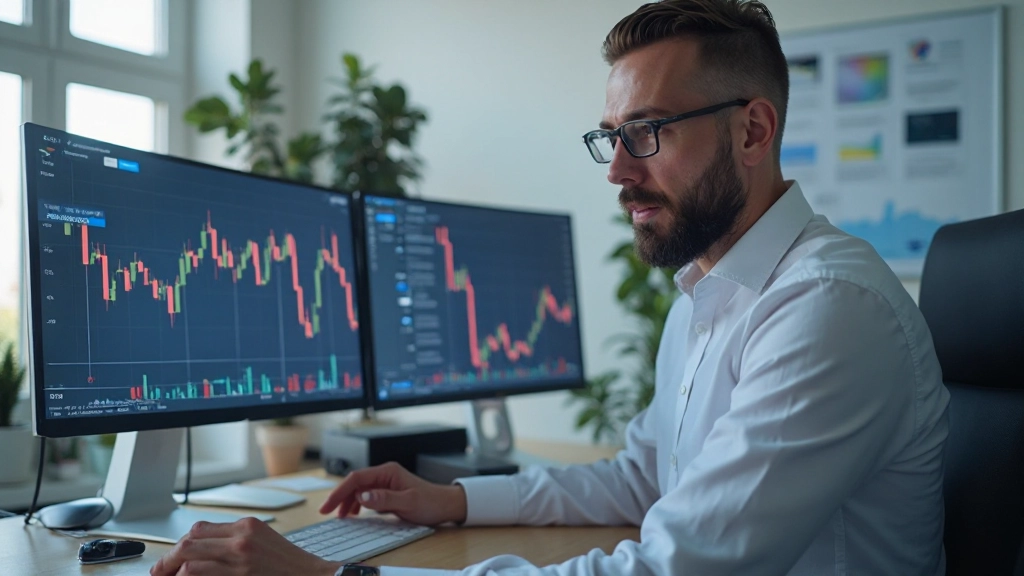 Финансовый аналитик, полностью одетый в деловую рубашку, изучает детальные инвестиционные графики на компьютере в современном офисном помещении