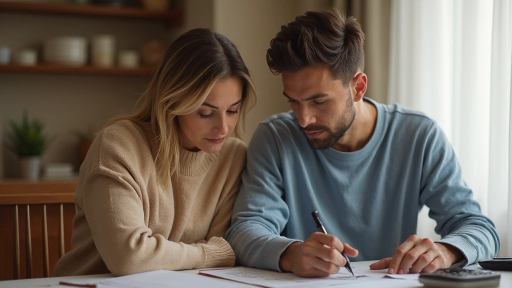 Казахстанская семья обсуждает семейный бюджет за столом дома с документами и калькулятором