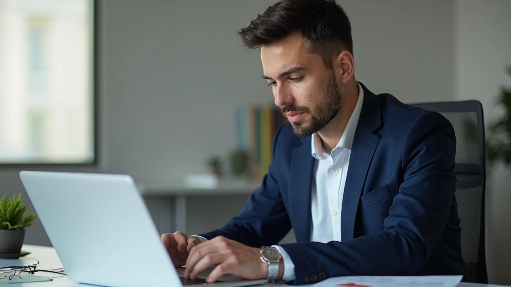 Молодой казахстанский бизнесмен анализирует финансовые графики на ноутбуке в современном офисе