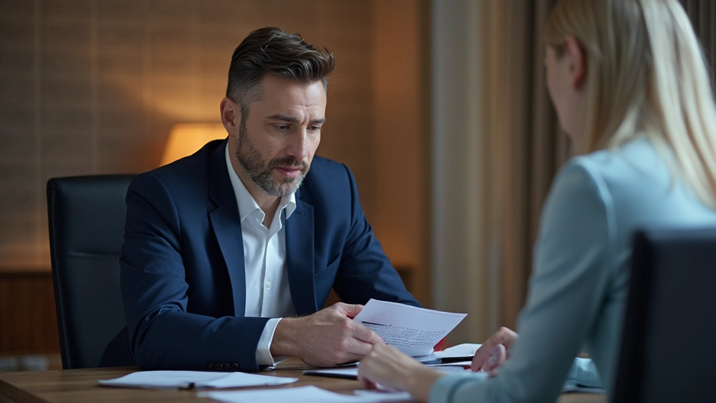 Два консультанта, полностью одетые в деловые костюмы, обсуждают инвестиционную стратегию с клиентом за современным столом в офисе