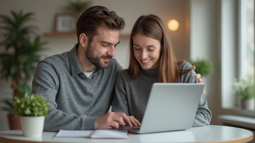 Пара анализирует финансовые отчеты на ноутбуке в уютной обстановке дома