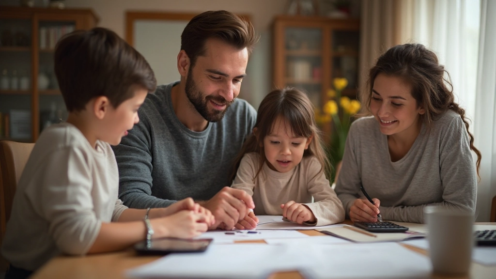 Семья планирует бюджет вместе за столом с финансовыми документами