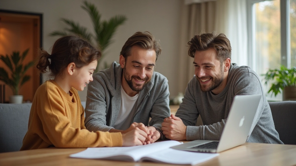 Семья обсуждает финансовые планы в уютной гостиной с ноутбуком
