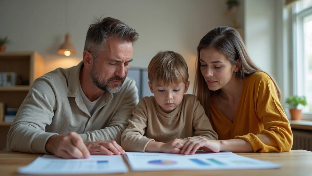 Родители и ребенок обсуждают финансовое планирование с графиками на столе