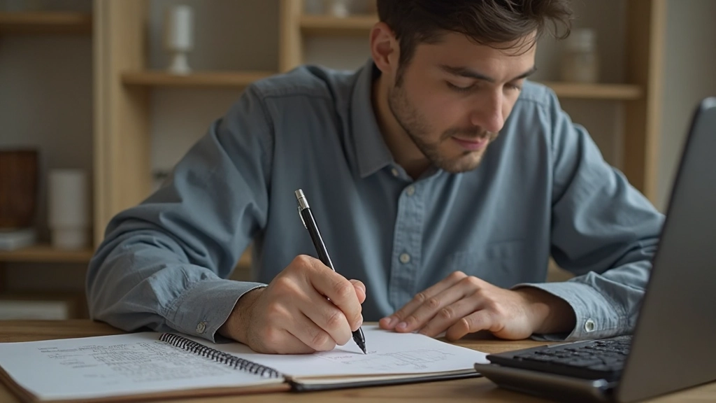 Молодой мужчина заполняет финансовые таблицы и ведет учет расходов