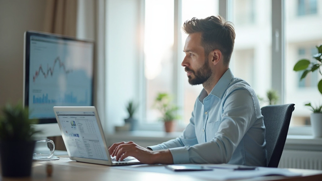 Профессиональный снимок начинающего инвестора, работающего с финансовыми графиками на современном компьютере в офисной среде