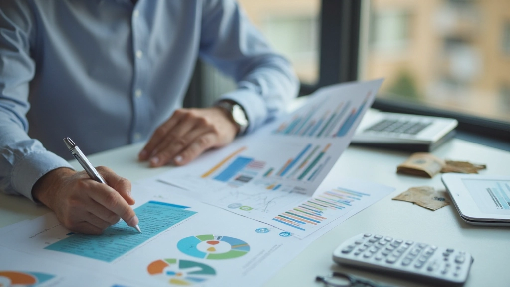 Человек планирует семейный бюджет с графиками доходов и расходов на столе