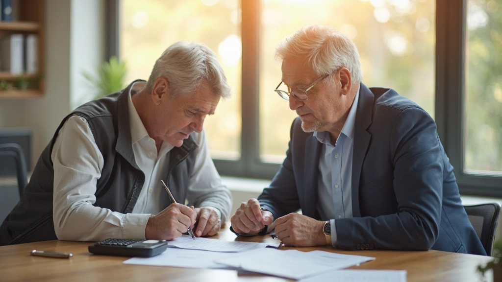 Старший мужчина и женщина планируют пенсию за столом с документами и калькулятором