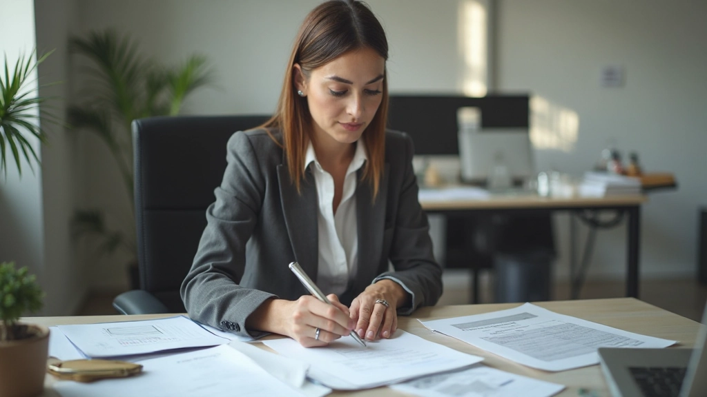 Женщина планирует пенсионные накопления с использованием калькулятора и документов