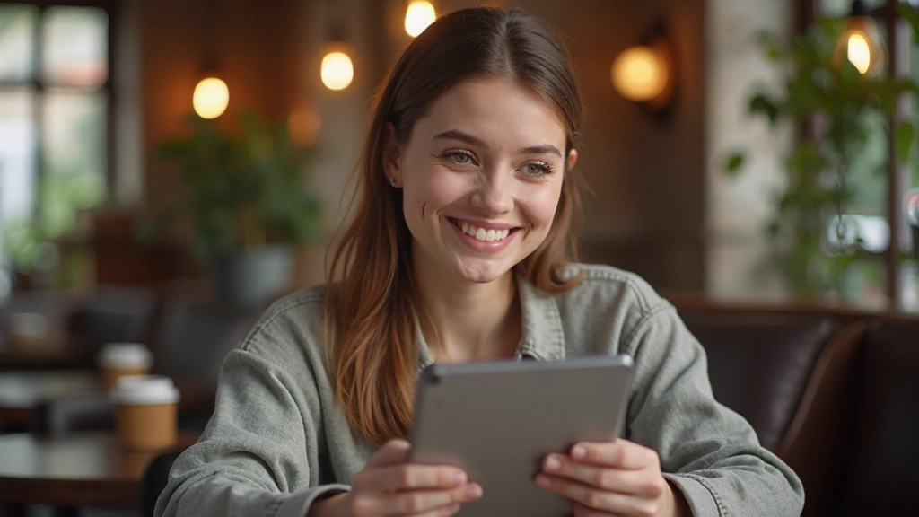 Молодая женщина с улыбкой просматривает графики расходов на планшете, сидя в уютном кафе